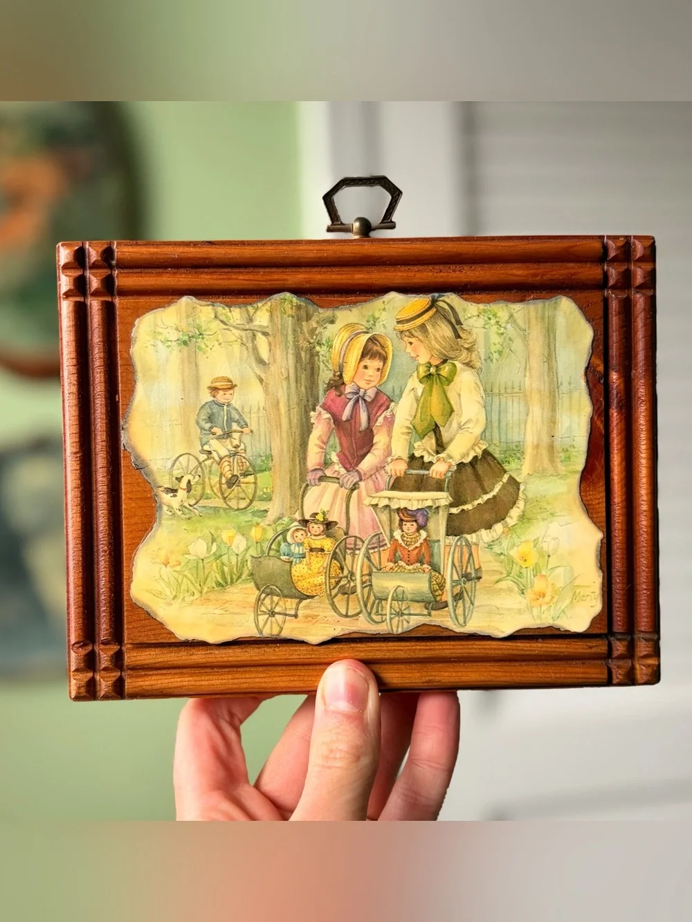 Vintage 1970s Wall Art Wooden with a painted scene of two girls in bonnets